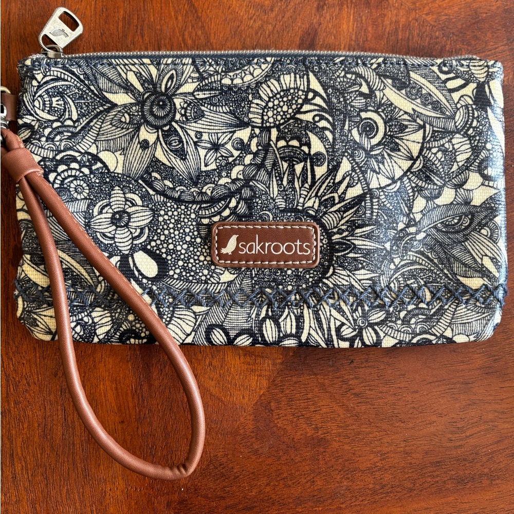 Sakroots Black and Cream Floral Wristlet
